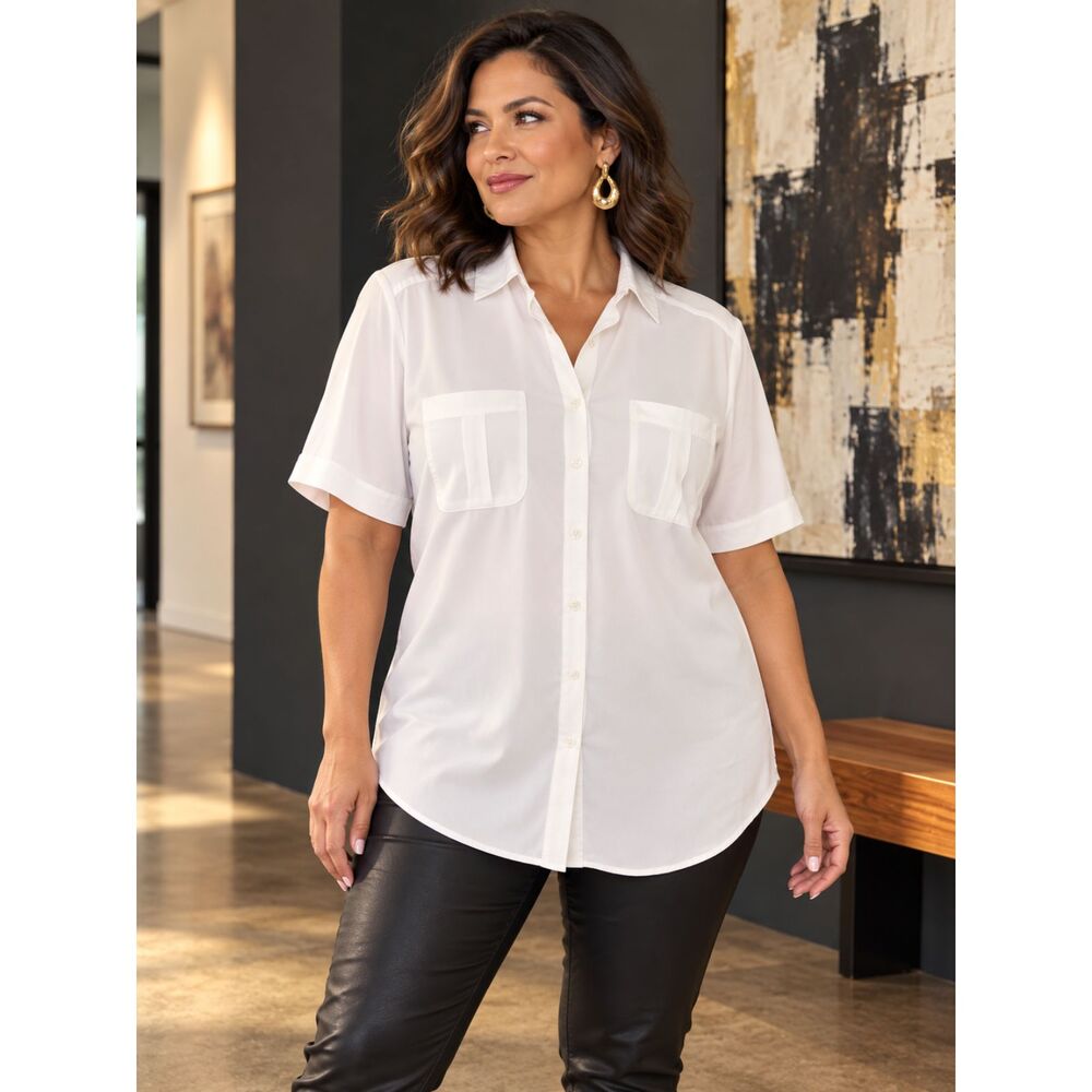 Chico's White Short Sleeve Button Front Utility Tunic Blouse
